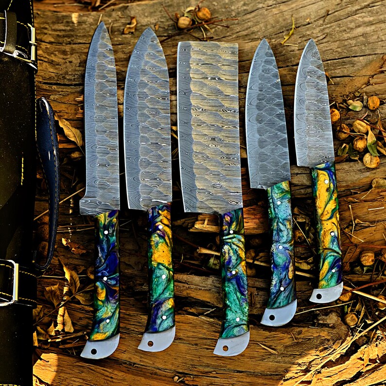 Damascus Steel Chef Knife Set, Hand forged Kitchen knives