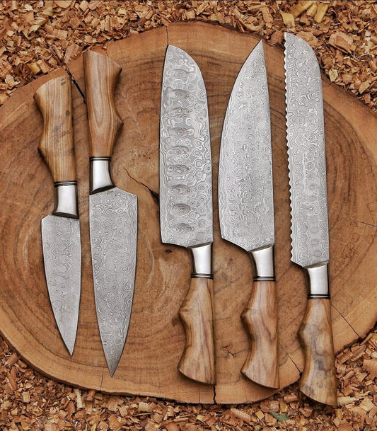 Chef Set, Handmade Damascus Steel Chef Knife Set, Hand Forged Kitchen Knife Set