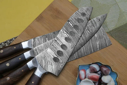 4 Piece Handmade Chef Knife Set, 4 Piece Damascus Steel Knife Set, Kitchen Knife Set with Leather Cover