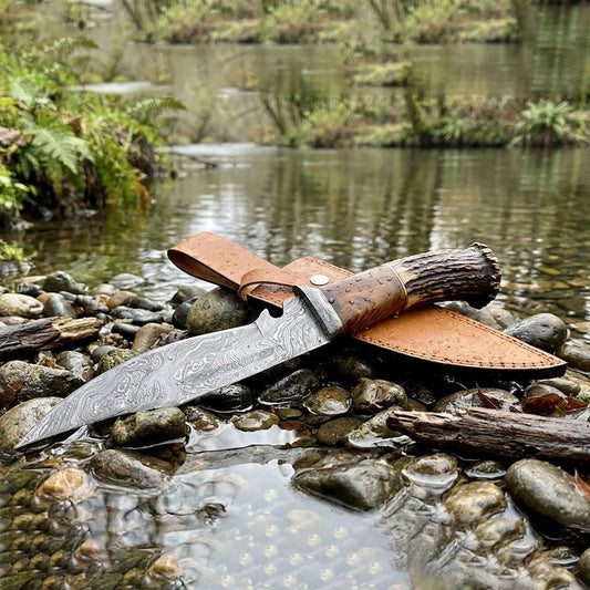 Custom Damascus Hunting Knife: Handmade Stag Horn Handle