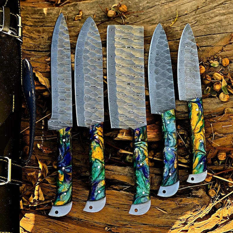 Damascus Steel Chef Knife Set, Hand forged Kitchen knives