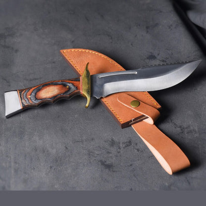 440 Stainless Steel Hunting Knife: Fixed Blade, Wood Handle & Leather Sheath