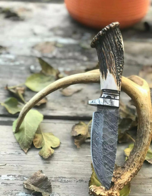 Custom Handmade Damascus Antler Deer Horn Crown Handle