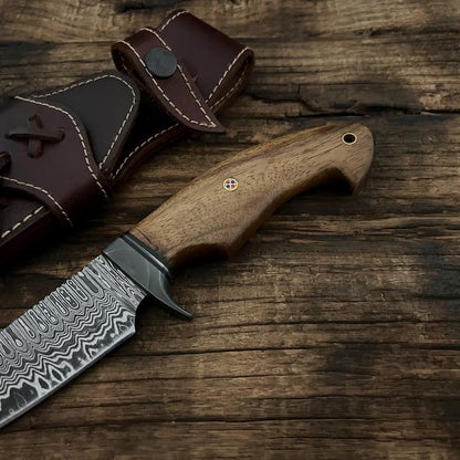 Handmade Damascus Bushcraft Hunting Knife | Outdoor Camping & Survival Knife | Rosewood Handle | Leather Sheath Included