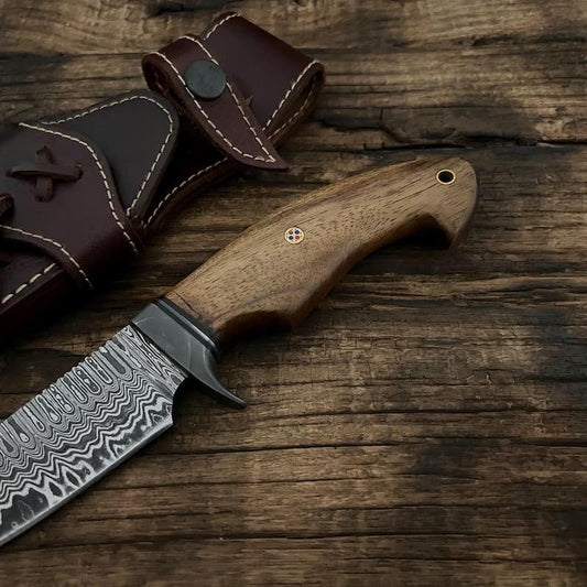 Handmade Damascus Bushcraft Hunting Knife | Outdoor Camping & Survival Knife | Rosewood Handle | Leather Sheath Included