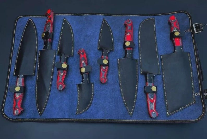 Handmade Damascus Steel Chef Knife Set, Pakka Wood Handles, Leather Bag