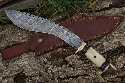 Handmade Damascus Kukri Knife with Stag Horn and Bone Handle