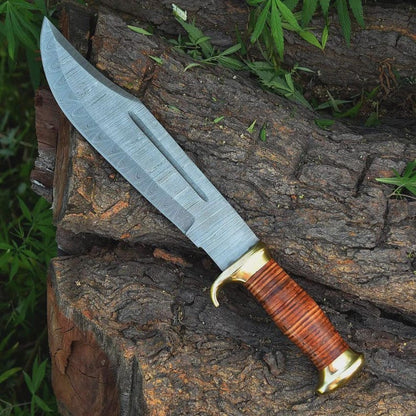 Handmade Damascus Large Crocodile Dundee Bowie Knife Hunting Fixed Blade with Leather Sheath