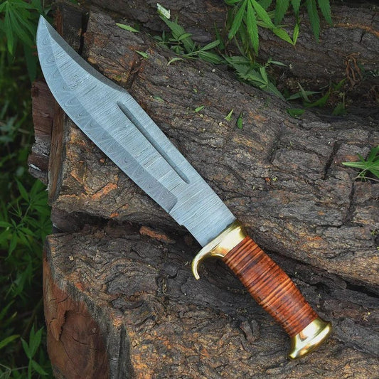 Handmade Damascus Large Crocodile Dundee Bowie Knife Hunting Fixed Blade with Leather Sheath