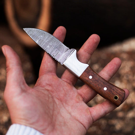 Beautiful Handmade Damascus Steel Hunting Skinner Knife With Excellent Wood Handle & Leather Sheath