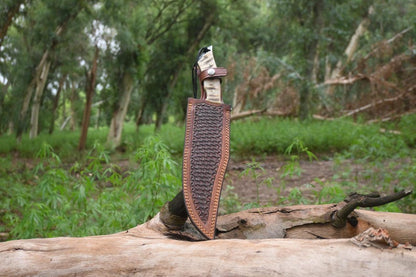 Handmade Carbon Steel Hunting Knife, Ram Horn Handle, Cowhide Sheath