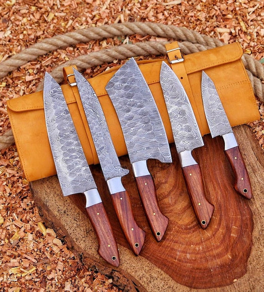 Handmade Damascus Steel Chef Knife Set | Rosewood Handle, Leather Sheath