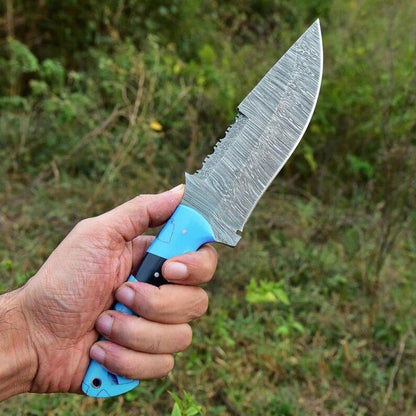 Handmade Damascus Steel Hunting Knife with Leather Sheath