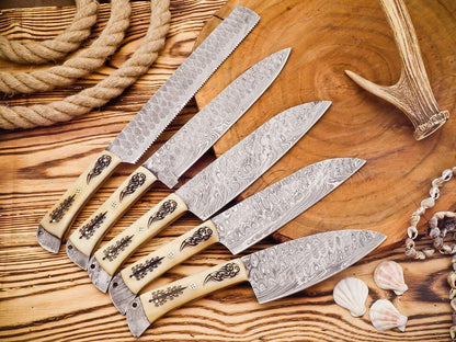 Handmade Damascus Steel Chef Knife Set (5 pcs) with Leather Sheath
