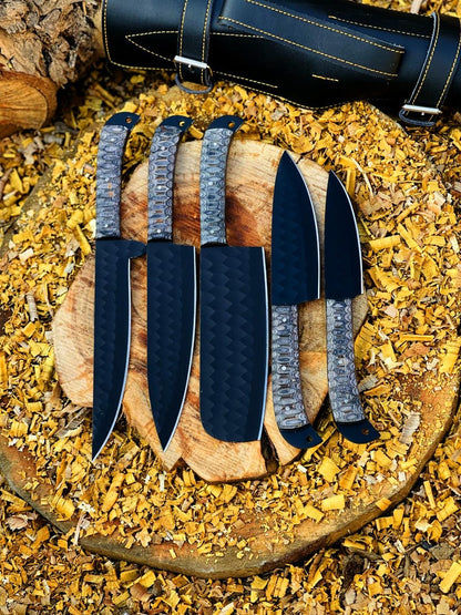 Damascus Chef Knife Set, 5 Piece black Kitchen Knife Set, Hand Forged Textured Handle Cooking tool set