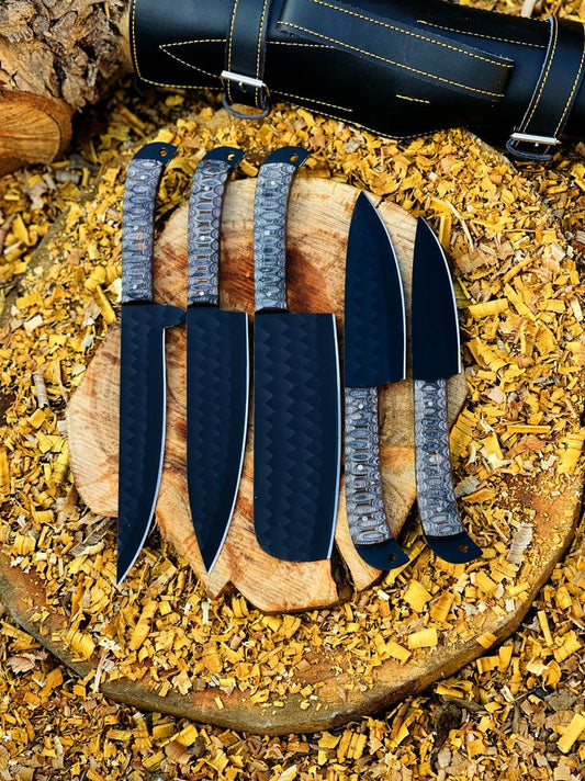 Damascus Chef Knife Set, 5 Piece black Kitchen Knife Set, Hand Forged Textured Handle Cooking tool set