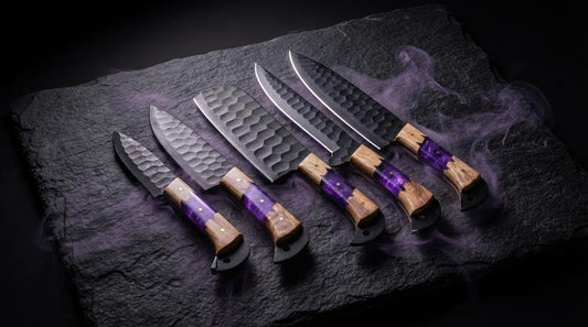 Damascus Chef Knife Set | Forged Kitchen Knives with Leather Roll
