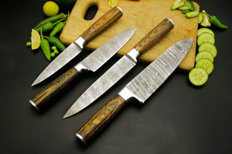 Hand Forged Damascus Chef Knife Set of 4Pcs With Brown Pakka Wood handle