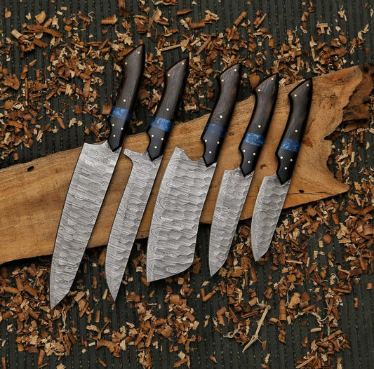 Handmade Damascus Steel Chef Knife Set 5-Piece Kitchen Knives with Leather Roll