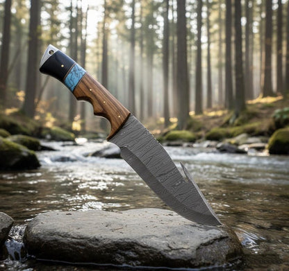 Handmade Damascus Steel Hunting Gut Hook Knife with Leather Sheath