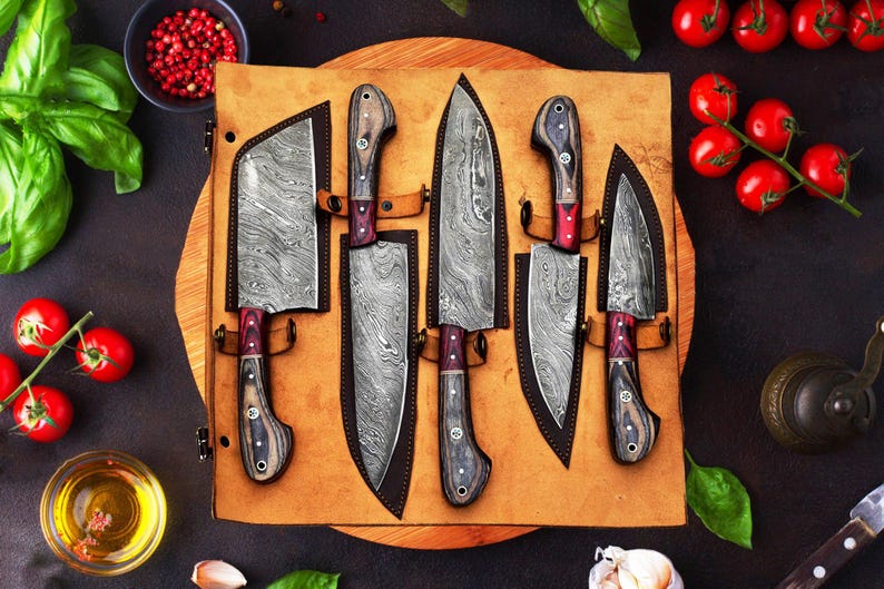 Damascus Steel 5-Piece Chef Knife Set | Handmade BBQ Kitchen Knife Collection