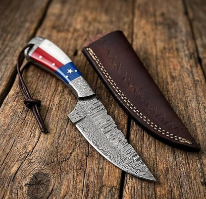 Hand Forged Damascus Hunting Knife with Leather Sheath Fixed Blade Camping