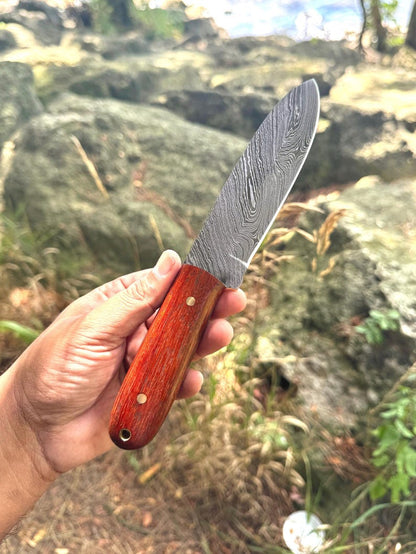 Damascus Kephart Knife with leather sheath | Handmade FULLTANG Roswood Skinner