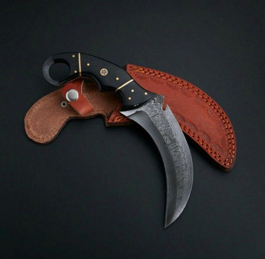 Custom Handmade Damascus Steel Karambit Hunting Knife with Leather Sheath