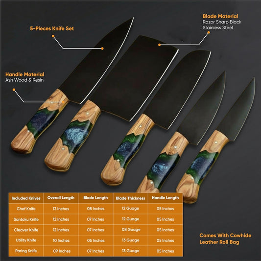 Custom Professional Black Blade Kitchen Knife Set of 5