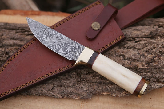 Handmade Damascus Steel Skinner Knife White Handle Hunting Knife&nbsp;