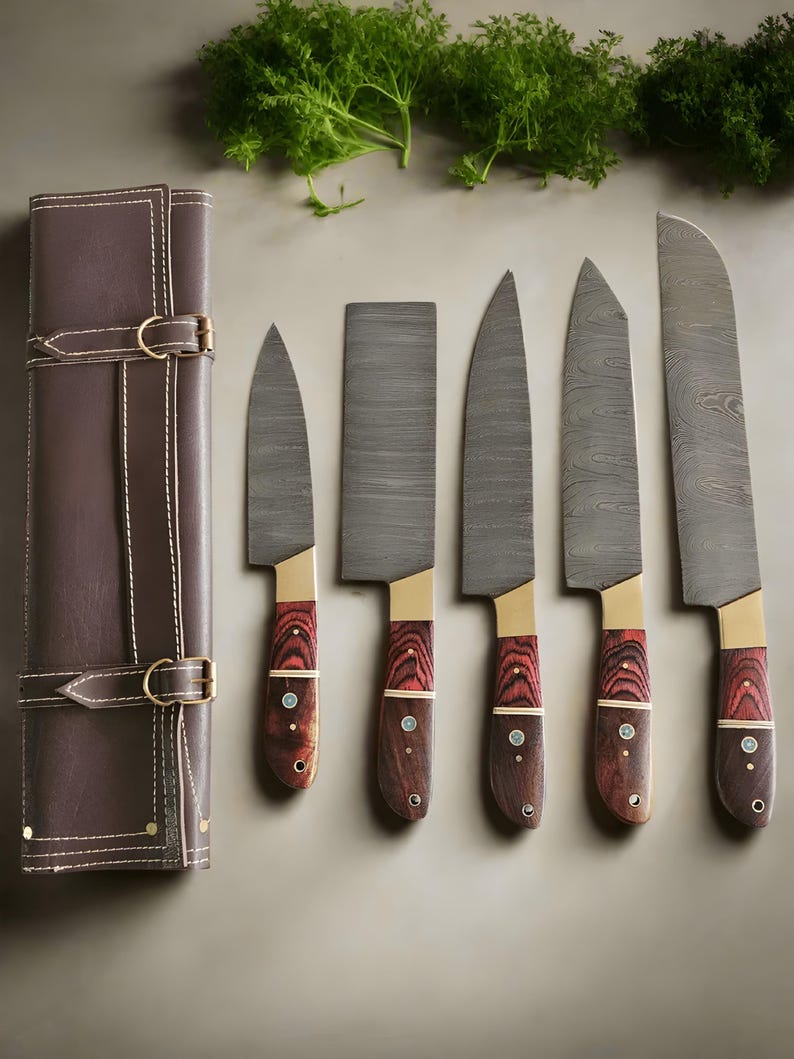 Hand Forged Damascus Steel Chef Knives Set - Exotic Wood Handles