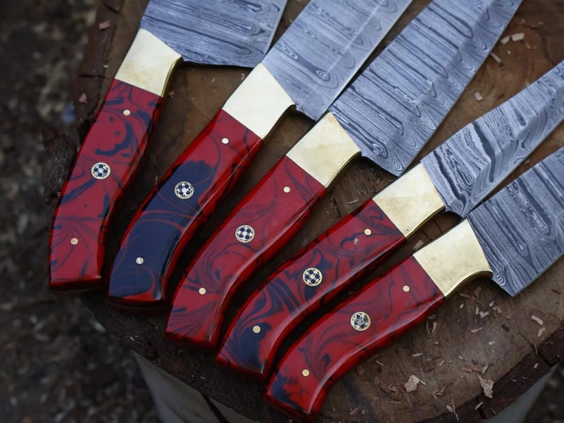 Handmade Damascus Kitchen Knife Set Red