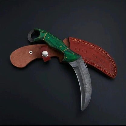 Custom Handmade Damascus Steel Karambit Hunting Knife with Leather Sheath