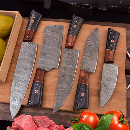 BladeVista Hand-Forged Damascus Chef Knife Set (5-Piece)