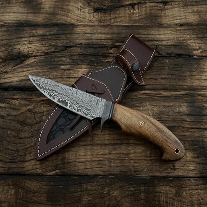 Handmade Damascus Bushcraft Hunting Knife | Outdoor Camping & Survival Knife | Rosewood Handle | Leather Sheath Included