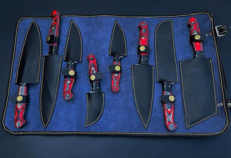 Hand Forged Damascus Steel 8 Pcs Chef Knife Set, Pakka Wood Handle & Leather Bag