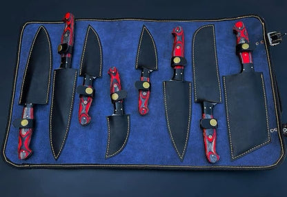 Hand Forged Damascus Steel 8 Pcs Chef Knife Set, Pakka Wood Handle & Leather Bag