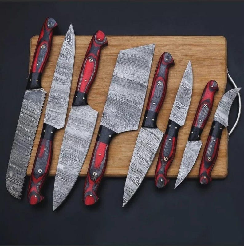Handmade Damascus Steel Chef Knife Set, Pakka Wood Handles, Leather Bag