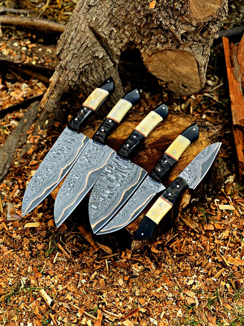 Handmade Damascus cooper Chef Knife Set, Hand forged Kitchen knives