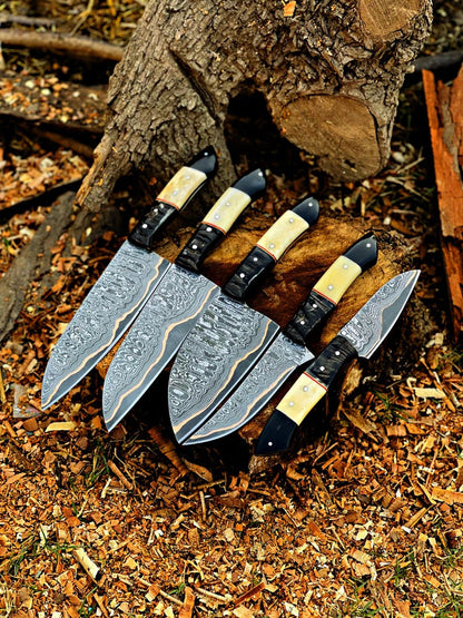 Handmade Damascus cooper Chef Knife Set, Hand forged Kitchen knives