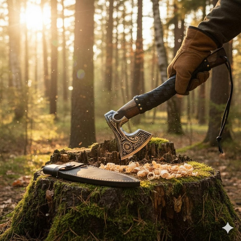 Hand Forged Viking Axe | Engraved Carbon Steel Hatchet