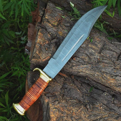 Handmade Damascus Large Crocodile Dundee Bowie Knife Hunting Fixed Blade with Leather Sheath