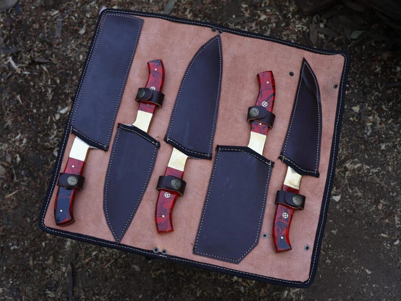 Handmade Damascus Kitchen Knife Set Red