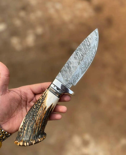 Custom Handmade Damascus Antler Deer Horn Crown Handle