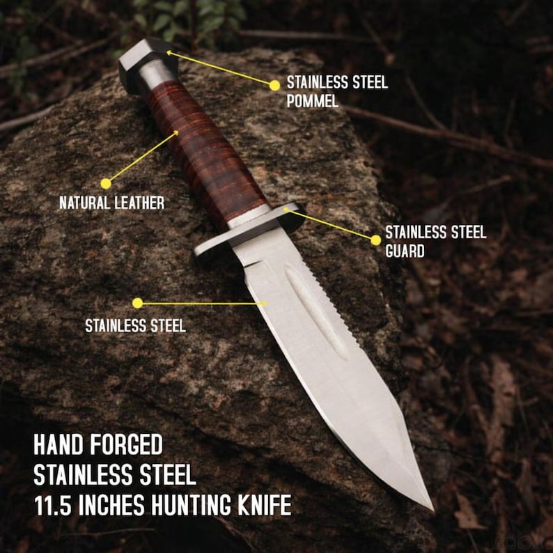 Hand Forged Stainless Steel Hunting Knife 11.5 Inch | Leather Handle Fixed Blade Knife