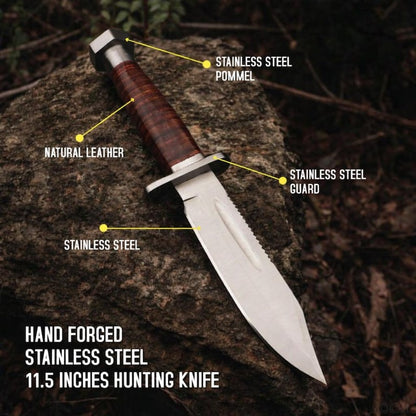 Hand Forged Stainless Steel Hunting Knife 11.5 Inch | Leather Handle Fixed Blade Knife