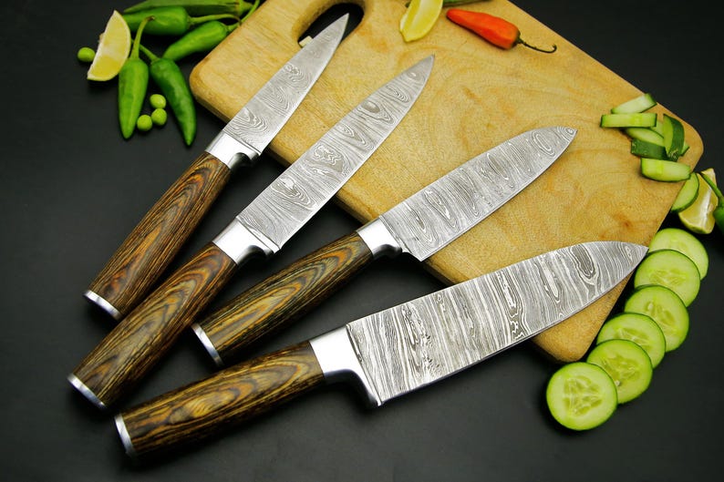 Hand Forged Damascus Chef Knife Set of 4Pcs With Brown Pakka Wood handle