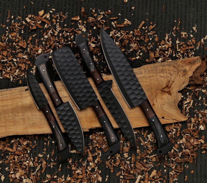 Handmade Damascus Chef Knife Set, Forged BBQ Knives, Wood Handle
