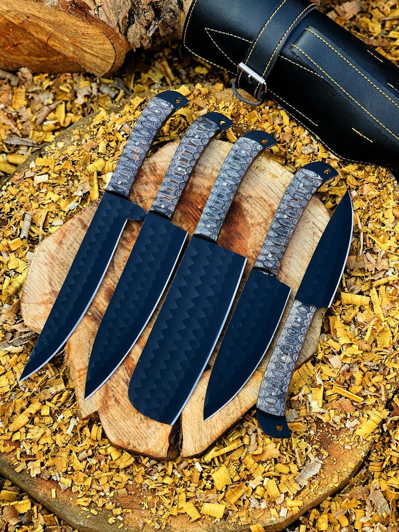 Damascus Chef Knife Set, 5 Piece black Kitchen Knife Set, Hand Forged Textured Handle Cooking tool set