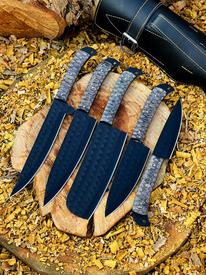 Damascus Chef Knife Set, 5 Piece black Kitchen Knife Set, Hand Forged Textured Handle Cooking tool set